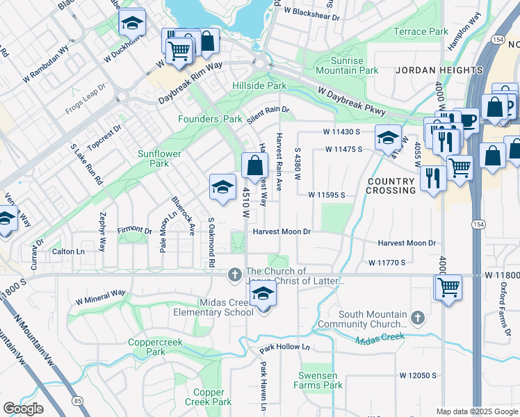 map of restaurants, bars, coffee shops, grocery stores, and more near 11598 Harvest Crest Way in South Jordan