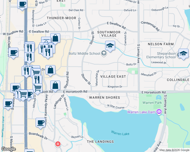 map of restaurants, bars, coffee shops, grocery stores, and more near 660 Mansfield Drive in Fort Collins