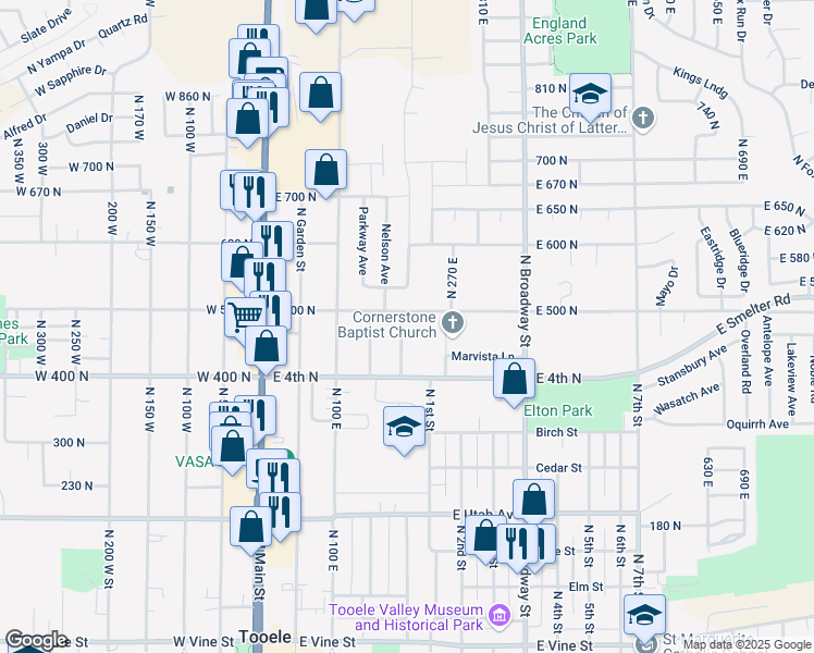 map of restaurants, bars, coffee shops, grocery stores, and more near 482 Brook Avenue East in Tooele