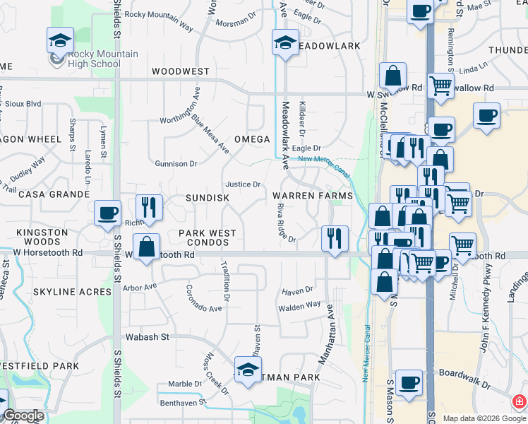 map of restaurants, bars, coffee shops, grocery stores, and more near 612 Justice Drive in Fort Collins