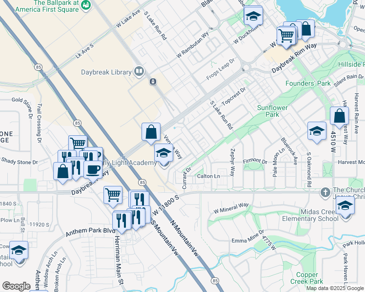 map of restaurants, bars, coffee shops, grocery stores, and more near 11624 Alexandria Drive in South Jordan