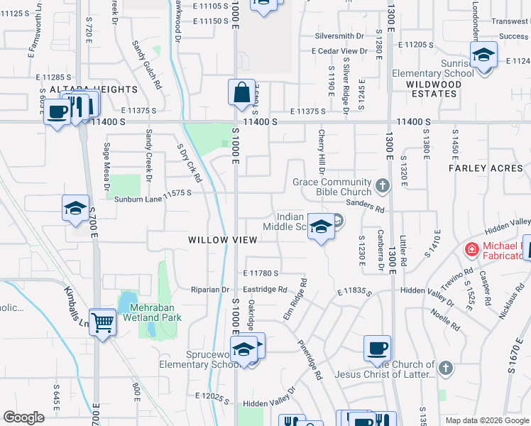 map of restaurants, bars, coffee shops, grocery stores, and more near 1075 Castle Rock Road in Sandy