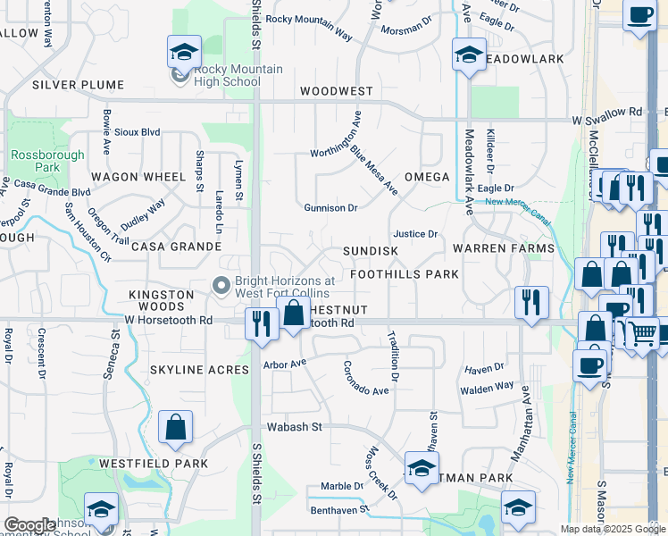 map of restaurants, bars, coffee shops, grocery stores, and more near 3425 Windmill Drive in Fort Collins