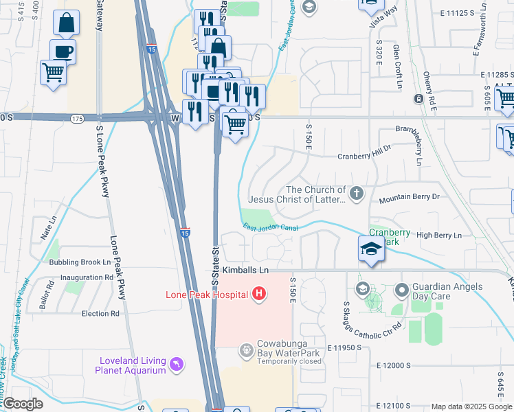 map of restaurants, bars, coffee shops, grocery stores, and more near 11606 Sweet Berry Drive in Draper