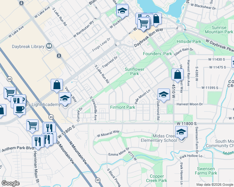 map of restaurants, bars, coffee shops, grocery stores, and more near 11611 Lake Run Road in South Jordan