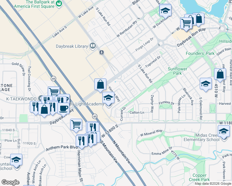 map of restaurants, bars, coffee shops, grocery stores, and more near 5096 Putney Hill Road in South Jordan