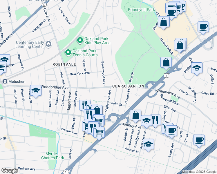 map of restaurants, bars, coffee shops, grocery stores, and more near 7 Timothy Court in Edison