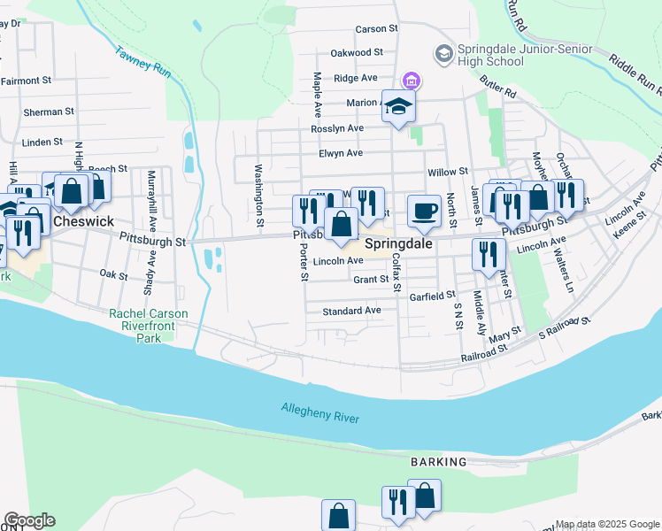 map of restaurants, bars, coffee shops, grocery stores, and more near 494 Pittsburgh Street in Springdale
