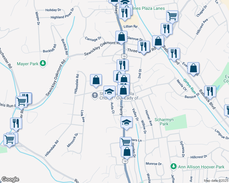 map of restaurants, bars, coffee shops, grocery stores, and more near 104 Lindley Lane in Pittsburgh