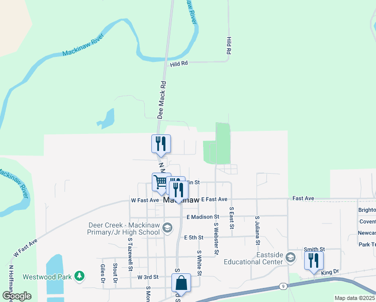 map of restaurants, bars, coffee shops, grocery stores, and more near 106 Tulip Street in Mackinaw