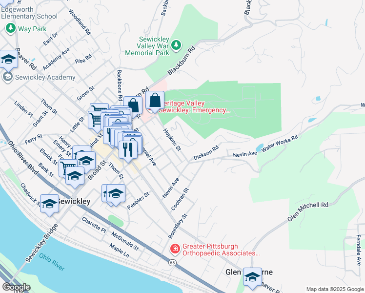 map of restaurants, bars, coffee shops, grocery stores, and more near 707 Hopkins Street in Sewickley