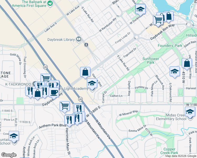 map of restaurants, bars, coffee shops, grocery stores, and more near 5096 Putney Hill Road in South Jordan