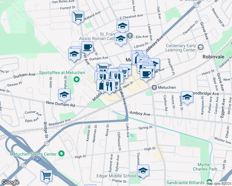 map of restaurants, bars, coffee shops, grocery stores, and more near 22 Central Avenue in Metuchen