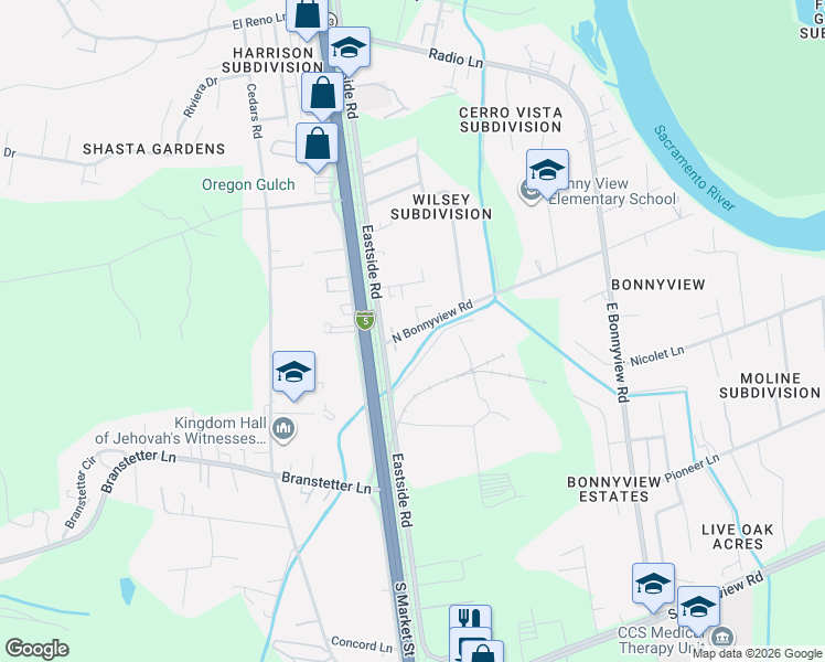 map of restaurants, bars, coffee shops, grocery stores, and more near 2311-2499 N Bonnyview Rd in Redding