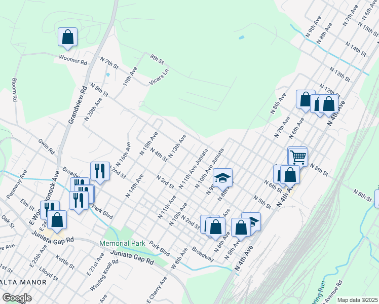 map of restaurants, bars, coffee shops, grocery stores, and more near 501 North 12th Avenue in Altoona