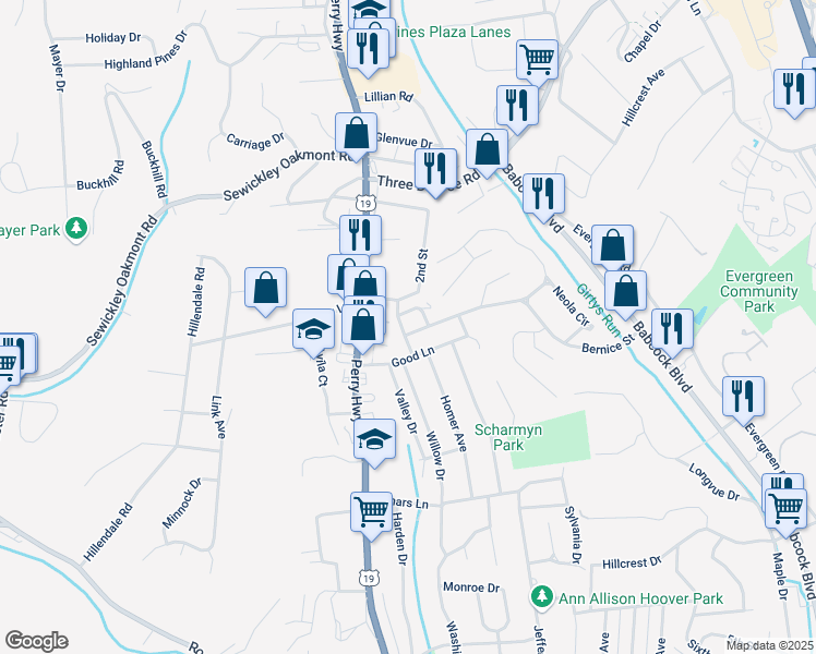 map of restaurants, bars, coffee shops, grocery stores, and more near 303 Harper Drive in Pittsburgh