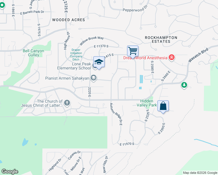 map of restaurants, bars, coffee shops, grocery stores, and more near 11622 Hidden Valley Boulevard in Sandy