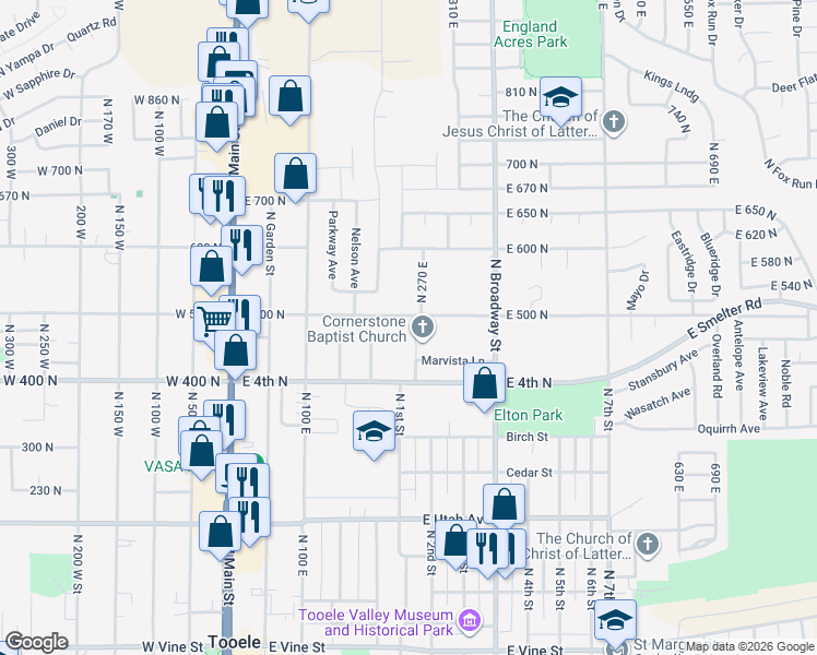 map of restaurants, bars, coffee shops, grocery stores, and more near 242 E 500 N in Tooele
