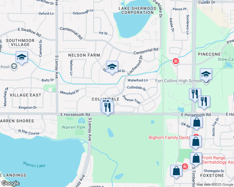 map of restaurants, bars, coffee shops, grocery stores, and more near 3465 Lochwood Drive in Fort Collins