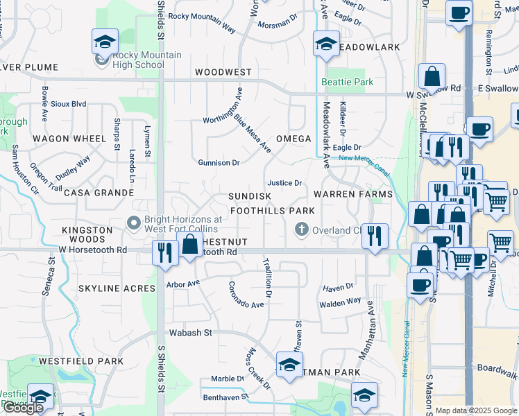 map of restaurants, bars, coffee shops, grocery stores, and more near 3419 Colony Drive in Fort Collins