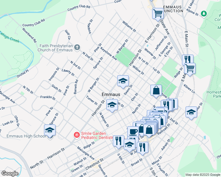 map of restaurants, bars, coffee shops, grocery stores, and more near 229 Harrison Street in Emmaus