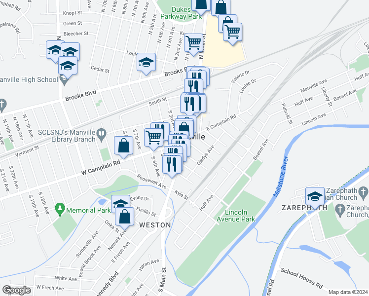 map of restaurants, bars, coffee shops, grocery stores, and more near 220 South Main Street in Manville