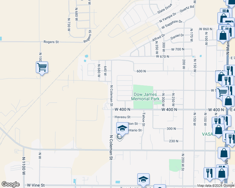 map of restaurants, bars, coffee shops, grocery stores, and more near 539 Sycamore Street in Tooele
