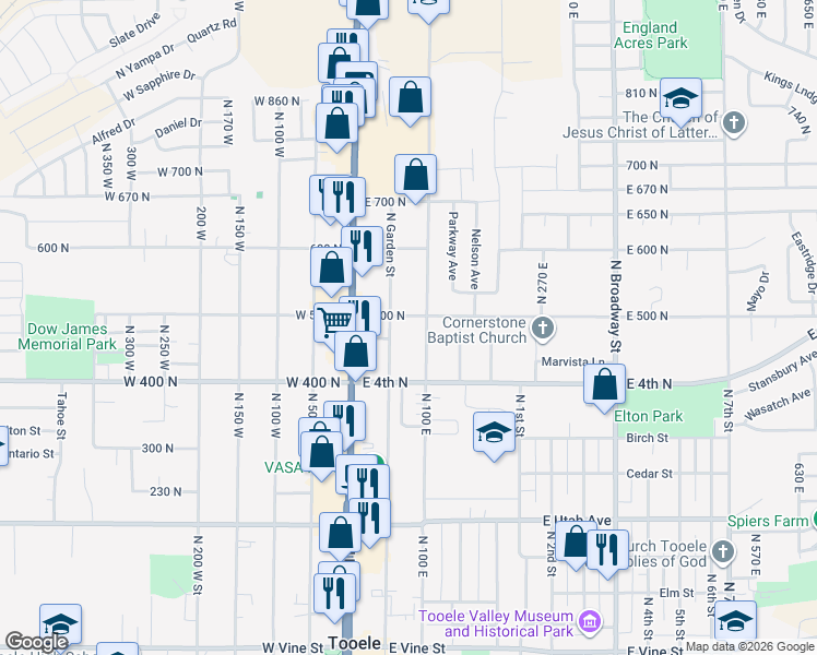 map of restaurants, bars, coffee shops, grocery stores, and more near 78 E 500 N in Tooele