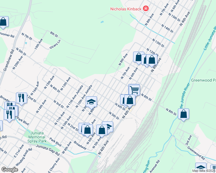 map of restaurants, bars, coffee shops, grocery stores, and more near North 7th Street in Altoona