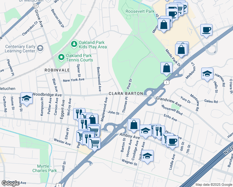 map of restaurants, bars, coffee shops, grocery stores, and more near 100 Grandview Avenue West in Edison