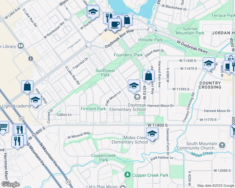 map of restaurants, bars, coffee shops, grocery stores, and more near 4657 West Pale Moon Lane in South Jordan