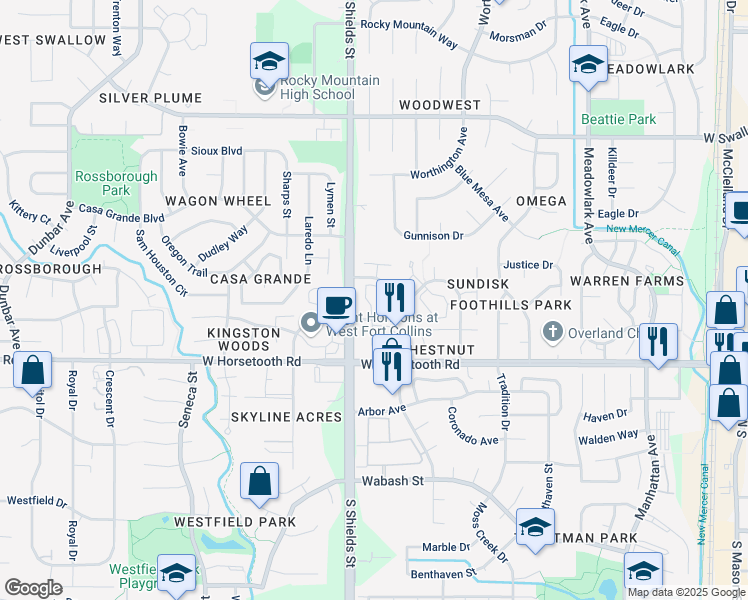 map of restaurants, bars, coffee shops, grocery stores, and more near 1025 Cunningham Drive in Fort Collins