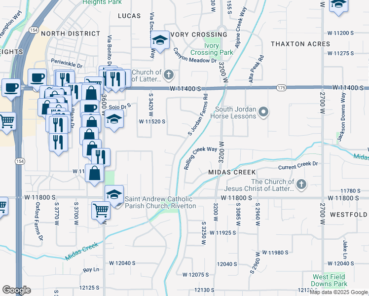 map of restaurants, bars, coffee shops, grocery stores, and more near 11608 South Jordan Farms Road in South Jordan