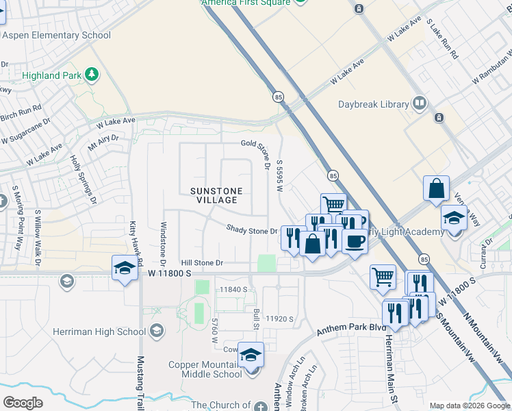 map of restaurants, bars, coffee shops, grocery stores, and more near 11607 Summer Stone Drive in South Jordan
