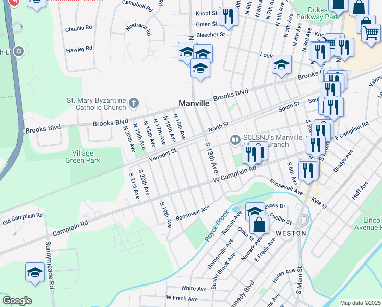 map of restaurants, bars, coffee shops, grocery stores, and more near 82 South 15th Avenue in Manville