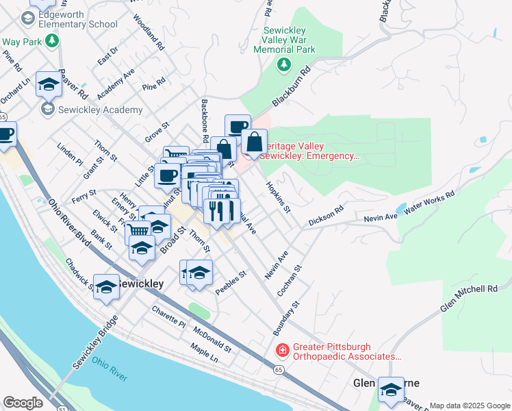 map of restaurants, bars, coffee shops, grocery stores, and more near 555 Hill Street in Sewickley