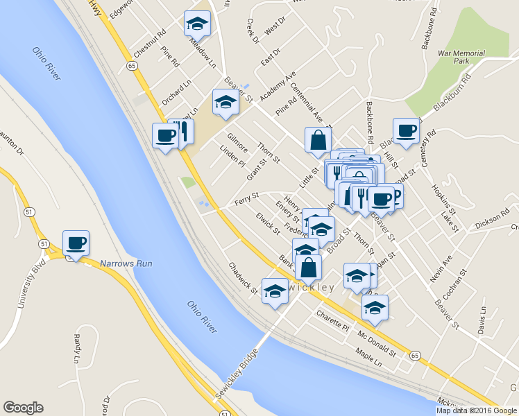 map of restaurants, bars, coffee shops, grocery stores, and more near 217 Frederick Avenue in Sewickley