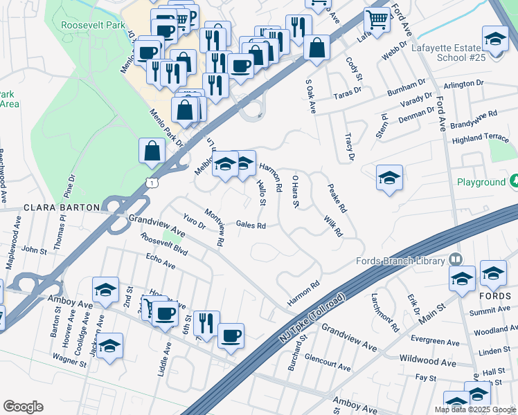 map of restaurants, bars, coffee shops, grocery stores, and more near 10 Hallo Street in Edison