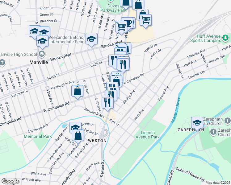map of restaurants, bars, coffee shops, grocery stores, and more near 220 South Main Street in Manville