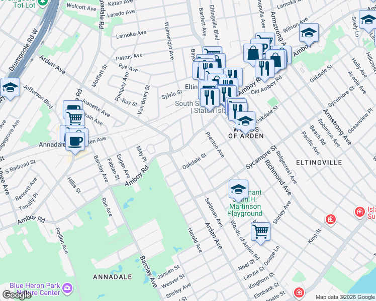 map of restaurants, bars, coffee shops, grocery stores, and more near 4662 Amboy Road in Staten Island