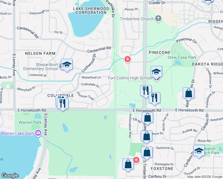 map of restaurants, bars, coffee shops, grocery stores, and more near 3418 Carlton Avenue in Fort Collins