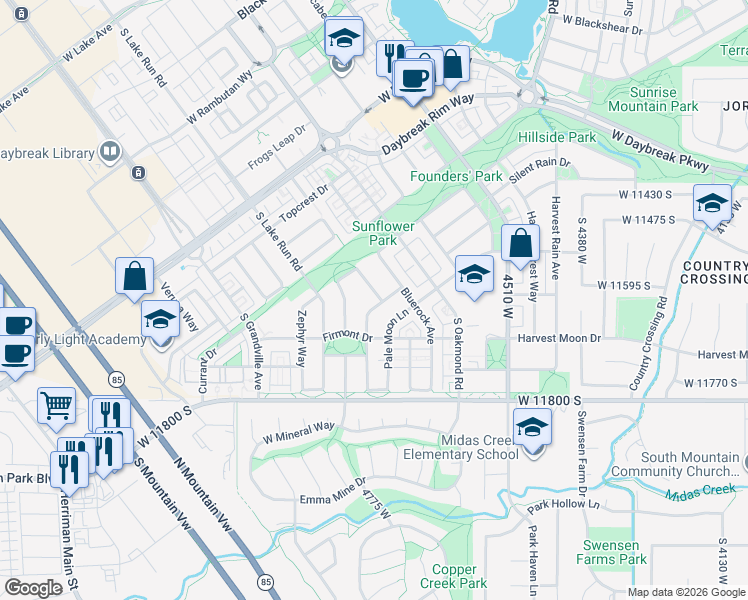 map of restaurants, bars, coffee shops, grocery stores, and more near 4718 Copper Sky Drive in South Jordan