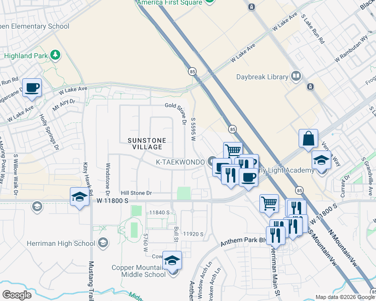 map of restaurants, bars, coffee shops, grocery stores, and more near 11607 Gold Stone Drive in South Jordan