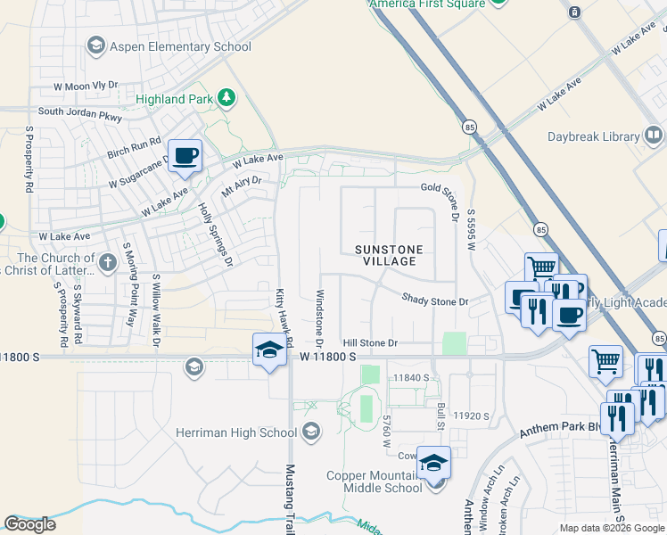 map of restaurants, bars, coffee shops, grocery stores, and more near 5847 Copper Stone Drive in South Jordan