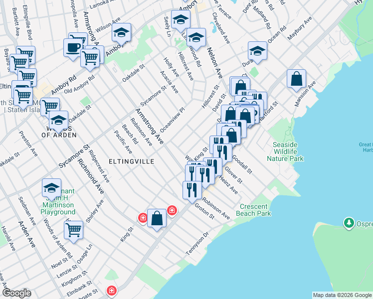 map of restaurants, bars, coffee shops, grocery stores, and more near 141 Driggs Street in Staten Island
