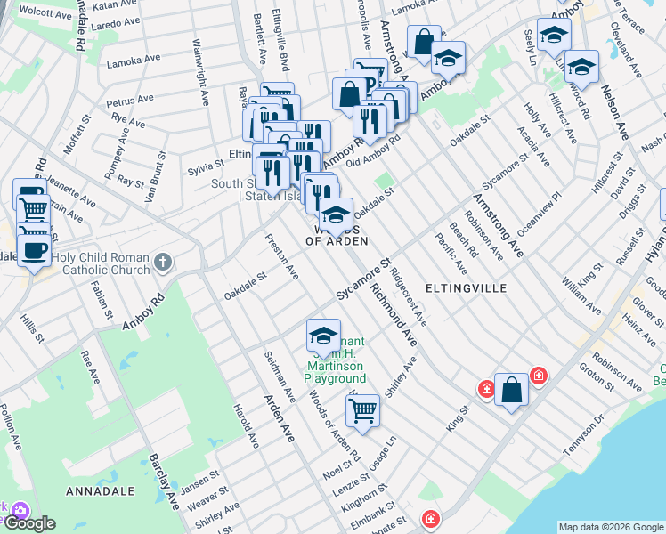 map of restaurants, bars, coffee shops, grocery stores, and more near 82 Lyndale Avenue in Staten Island
