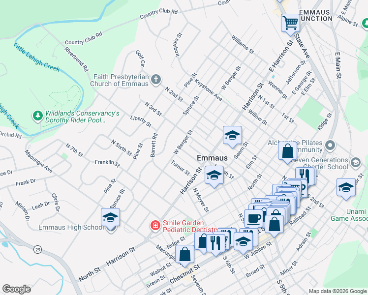 map of restaurants, bars, coffee shops, grocery stores, and more near 316 West Berger Street in Emmaus