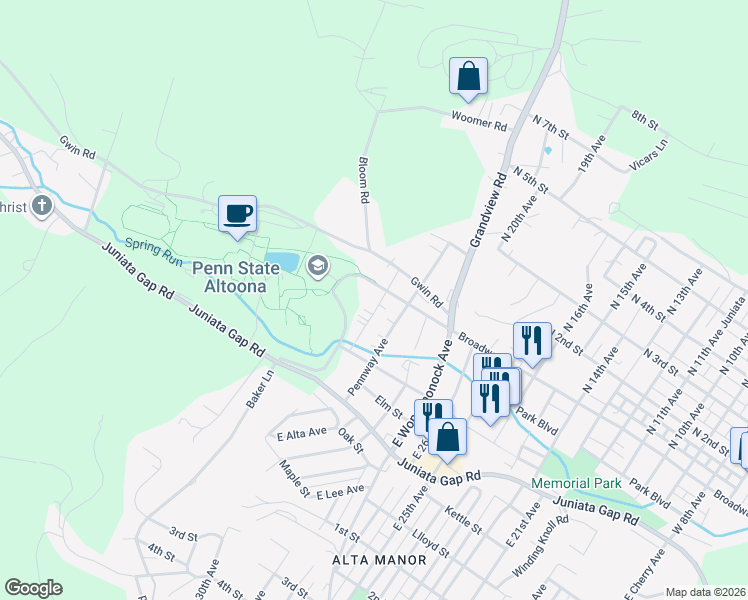 map of restaurants, bars, coffee shops, grocery stores, and more near 530 East Park Avenue in Altoona