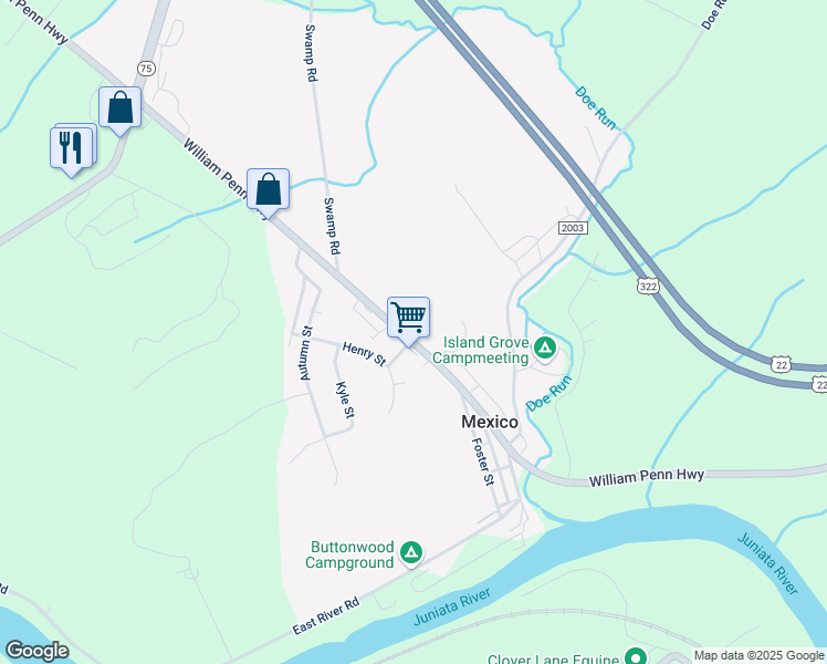 map of restaurants, bars, coffee shops, grocery stores, and more near 6489 William Penn Highway in Mifflintown