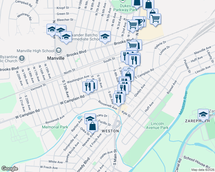 map of restaurants, bars, coffee shops, grocery stores, and more near in Manville